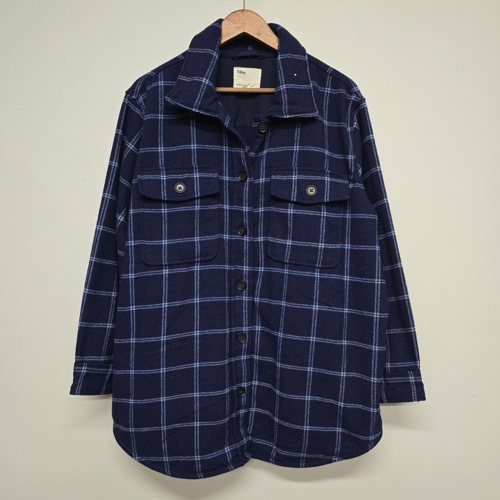 Tilley Windowpane Plaid Shirt Jacket Womens XL Blue Wool Blend Gorpcore‎ Shacket